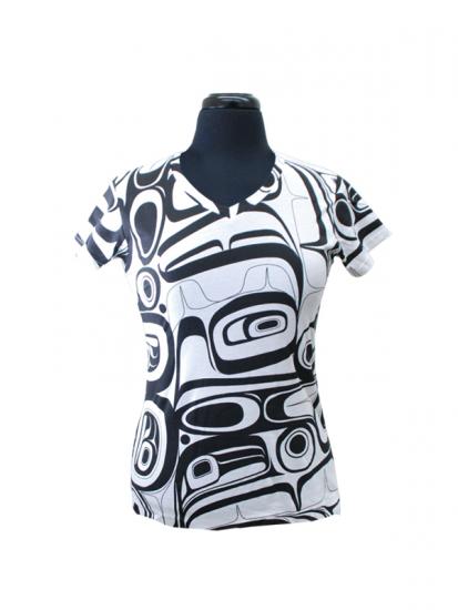 Kelly Robinson Ladies V-Neck T-Shirt with All Over Raven Design