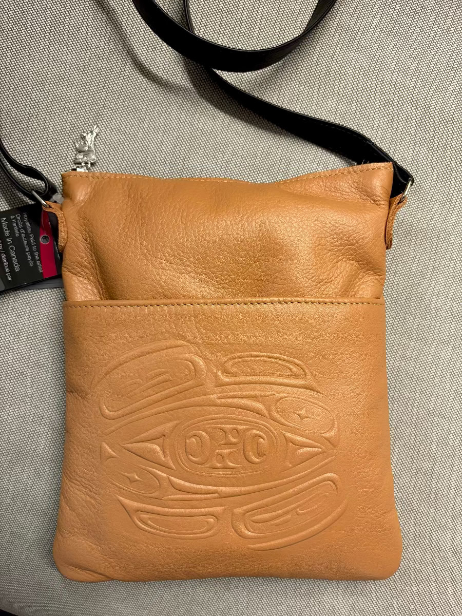Leather embossed Solo Bag with a Raven Design - Saddle, Leather