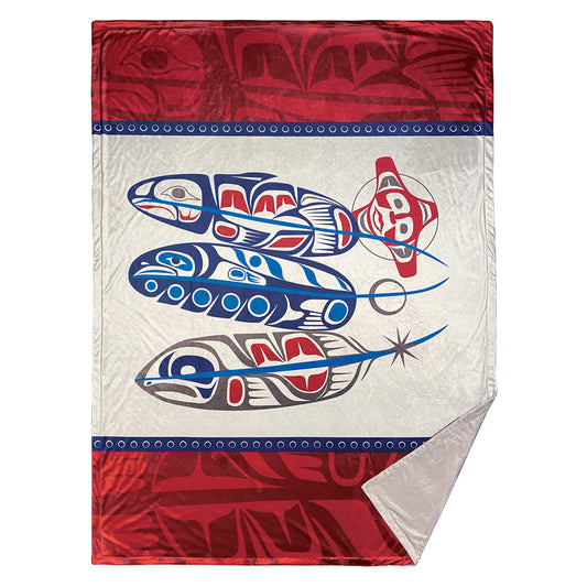 Premium Fleece Throw Blanket - Salmon Life Cycle (Feathers)