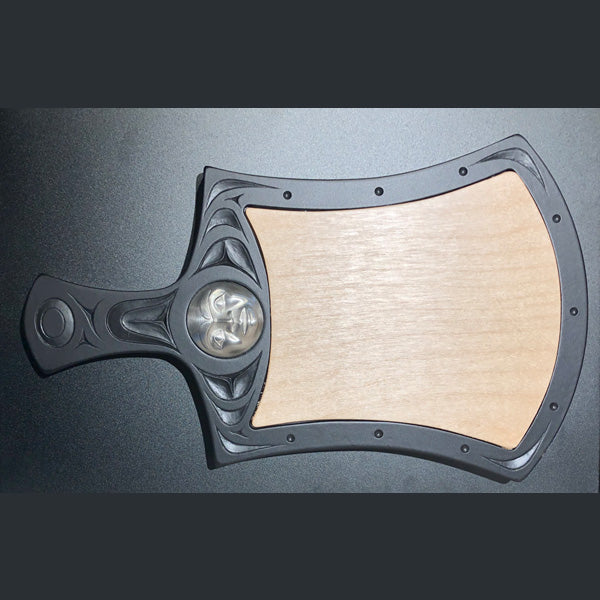 Cheese board with Indigenous motif design and pewter moon mask