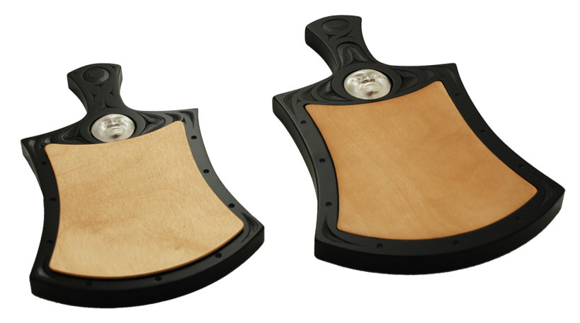 Cheese board with Indigenous motif design and pewter moon mask