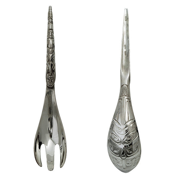 Large Horn Pewter Server Set/Spoon/Fork/