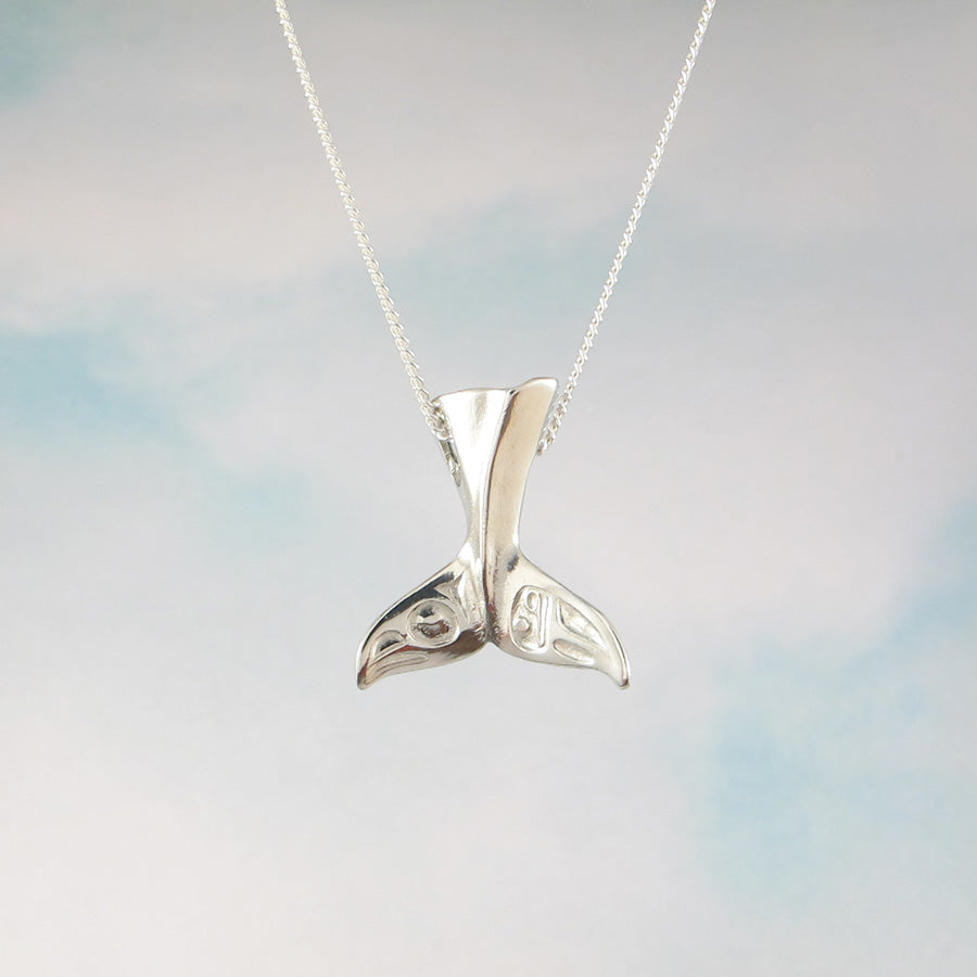 Silver Raven Whale Tail Pendant Necklace