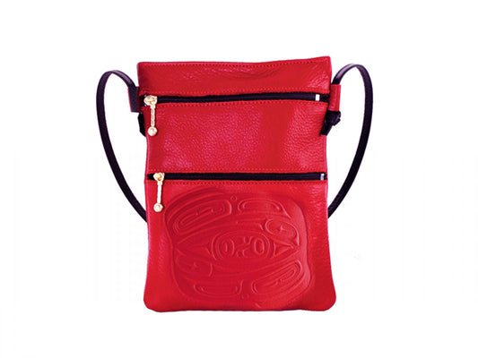 Embossed Leather Passport Pouch with Raven Design by Corrine Hunt, Red, Deer Skin