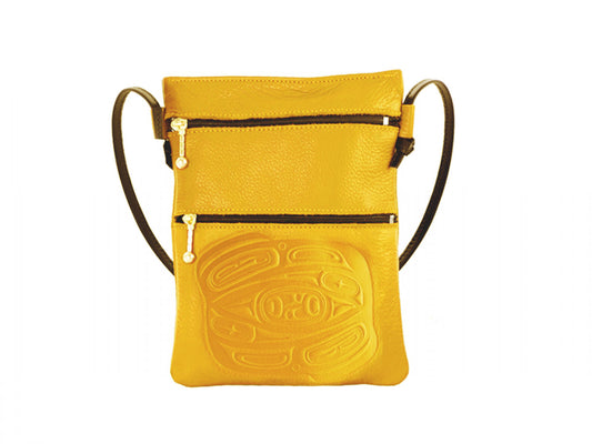 Embossed Leather Passport Pouch with Raven Design by Corrine Hunt, Yellow, Deer Skin