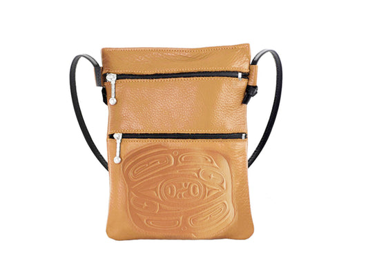 Embossed Leather Passport Pouch with Raven Design by Corrine Hunt, Saddle, Leather