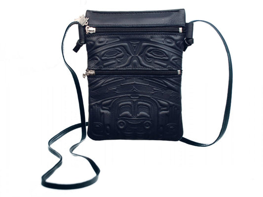 Embossed Leather Passport Pouch with Bear Box Design by Clifton Fred, Black Leather