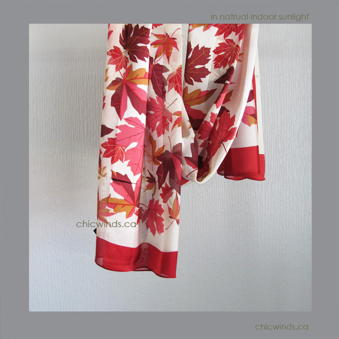 Maple Leaves Silk Scarf ( Red/White/Cream )
