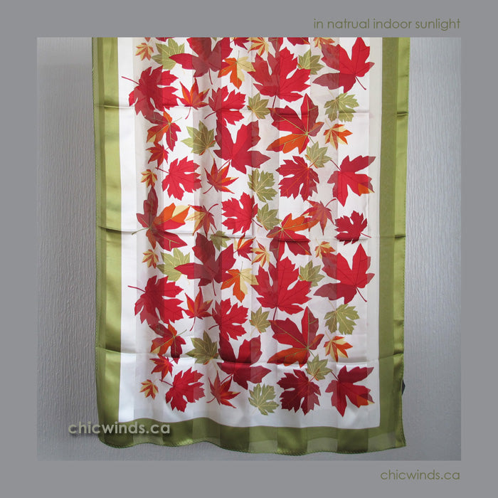 Maple Leaves Silk Scarf ( Green/Red/Cream )
