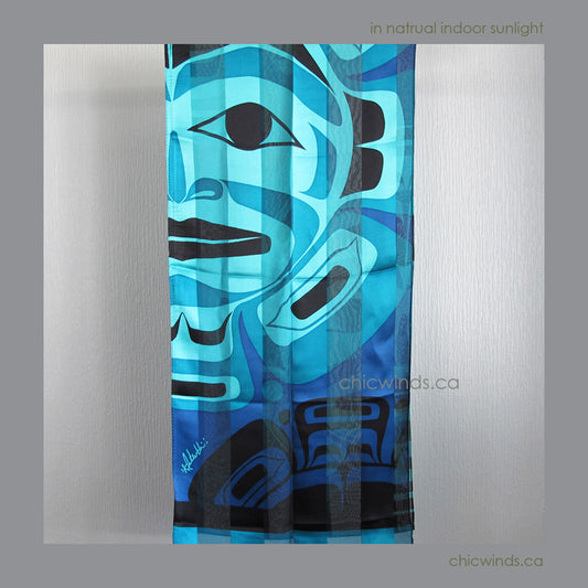 Native Art "Moon Mask" Silk Scarf (Turquoise/Blue)