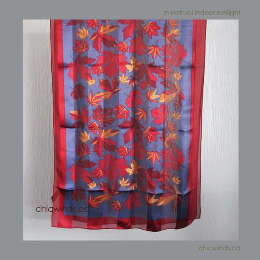 Maple Leaves Silk Scarf ( Red/Navy/Gold)