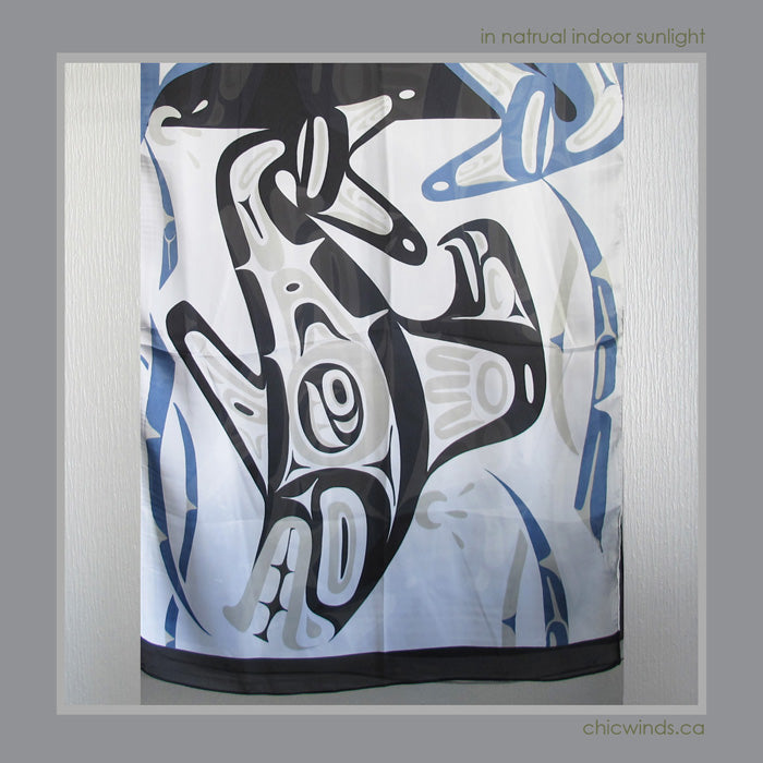 Corrine Hunt Native Art Printed Scarf - Whale (Blue/White)