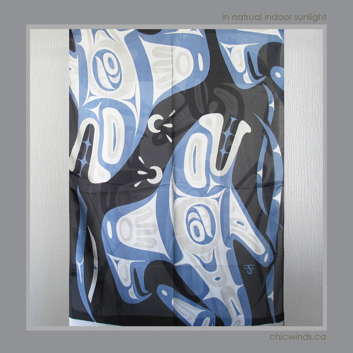 Corrine Hunt Native Art Printed Scarf - Whale (Blue/White)