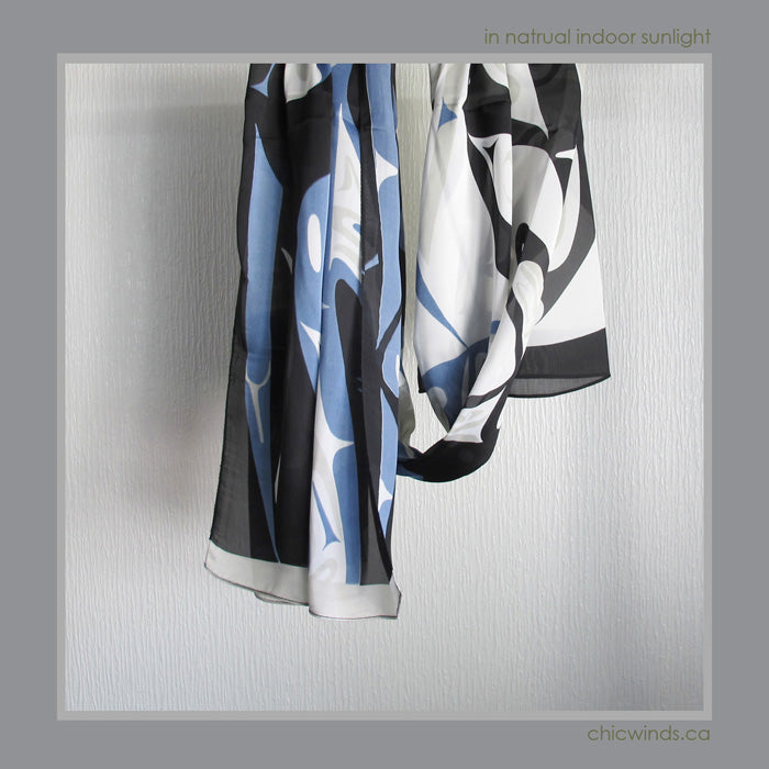 Corrine Hunt Native Art Printed Scarf - Whale (Blue/White)