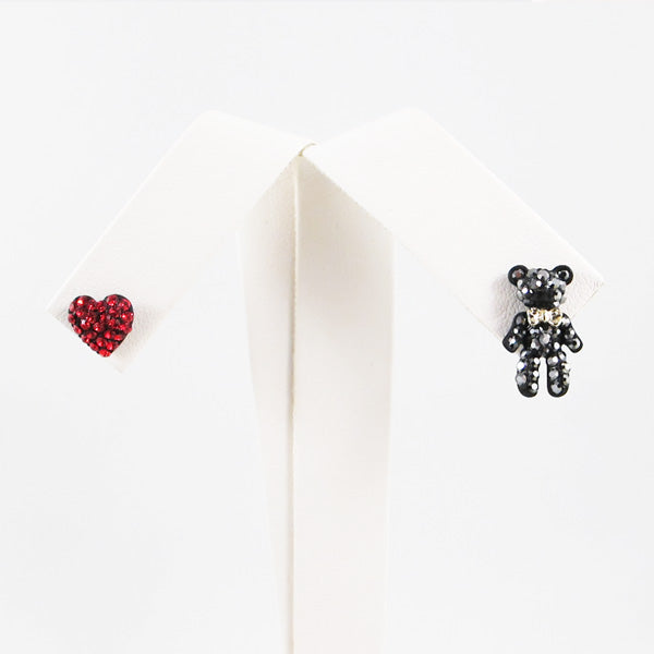 Crystal Red Heart & Bear Stud Earrings