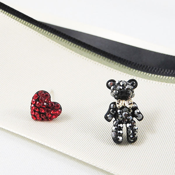 Crystal Red Heart & Bear Stud Earrings