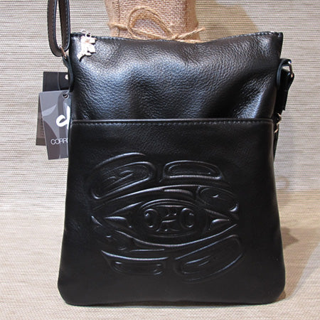 Leather embossed Solo Bag with a Raven Design - Black