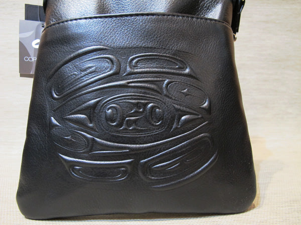 Leather embossed Solo Bag with a Raven Design - Black