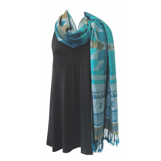Salish Weaving Shawl with North West Frist Nation Art Design (Teal)