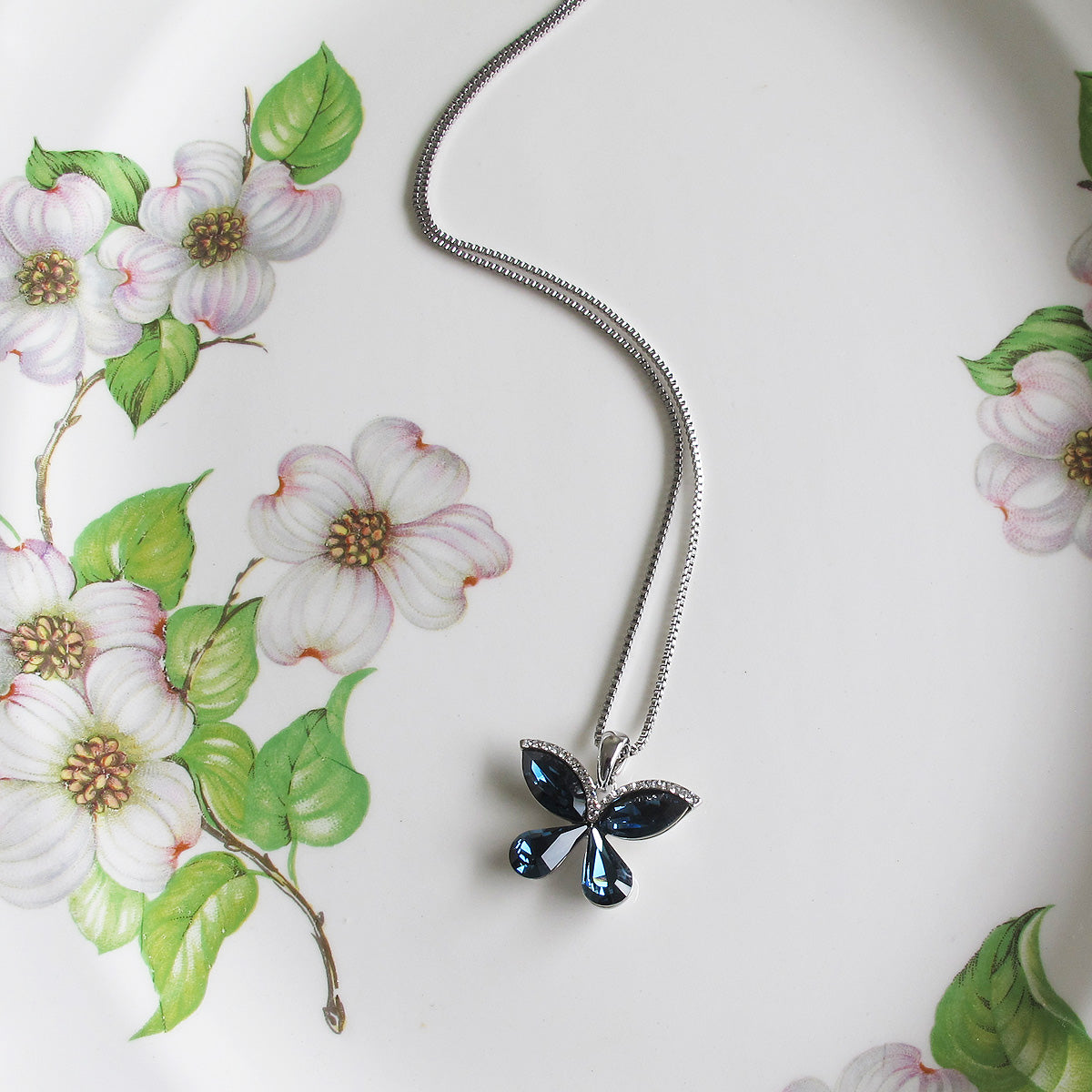Blue Crystal Butterfly Long Necklace