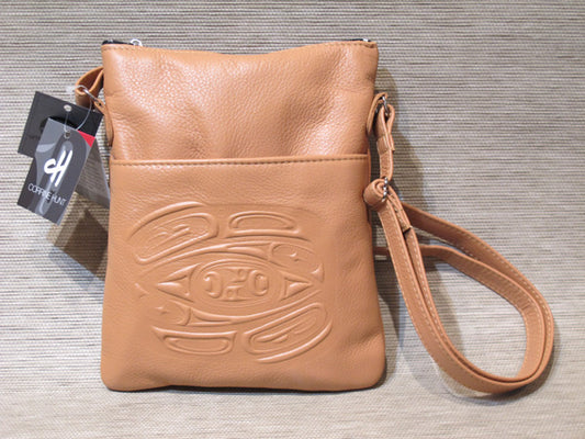 Leather embossed Solo Bag with a Raven Design - Saddle, Leather
