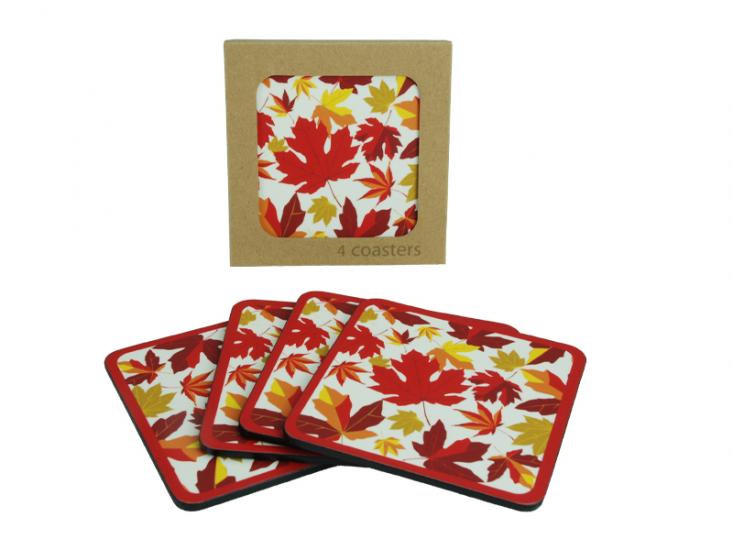 Laminate Coaster Set With Autumn Maple Leaf Design