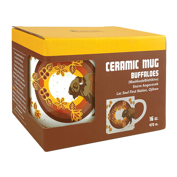 Ceramic Indigenous Art Mug (Buffaloes - MashkodeBiizhikina)