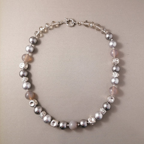 Handmade Gray Agate, Crystal Pearl Necklace