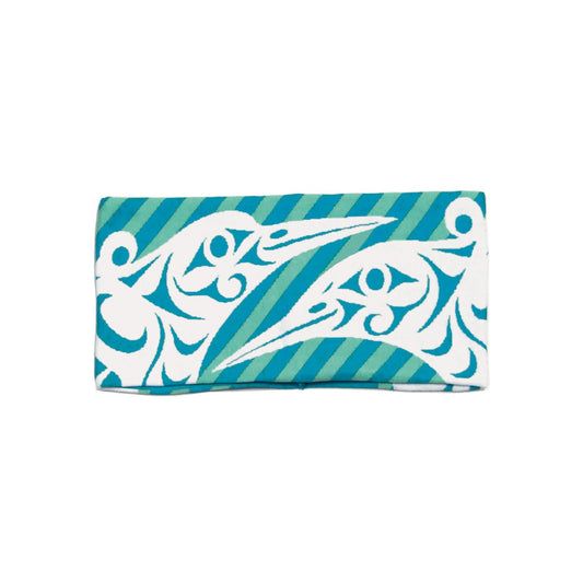 Hummingbird Flight Headband – Indigenous Art by Joe Wilson-Sxwaset, Blue and White