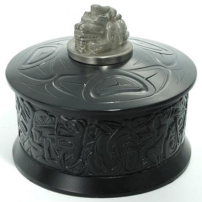 Native motif desk box with pewter sculptures