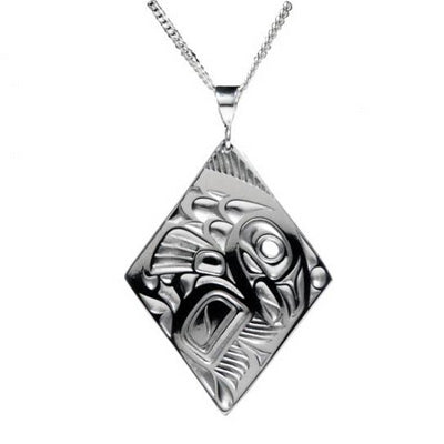 Native Art Silver Diamond Pendant -Salmon