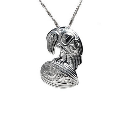Native Art Silver Pendant Necklace - Raven Clamshell