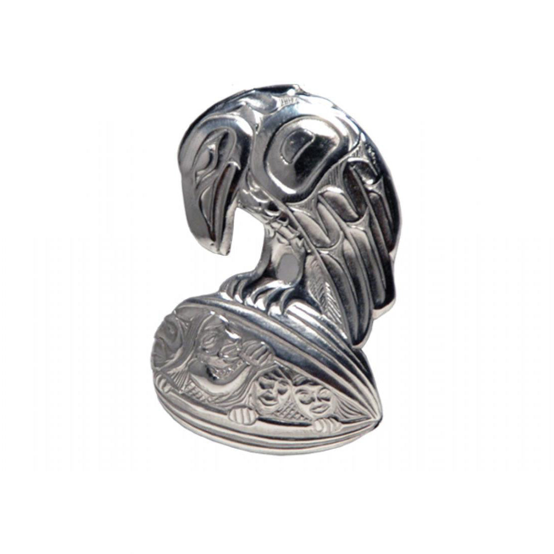 Silver Pewter Raven Clamshell Brooch