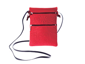 Embossed Leather Passport Pouch with Bear Box Design by Clifton Fred, Red, Deer Skin