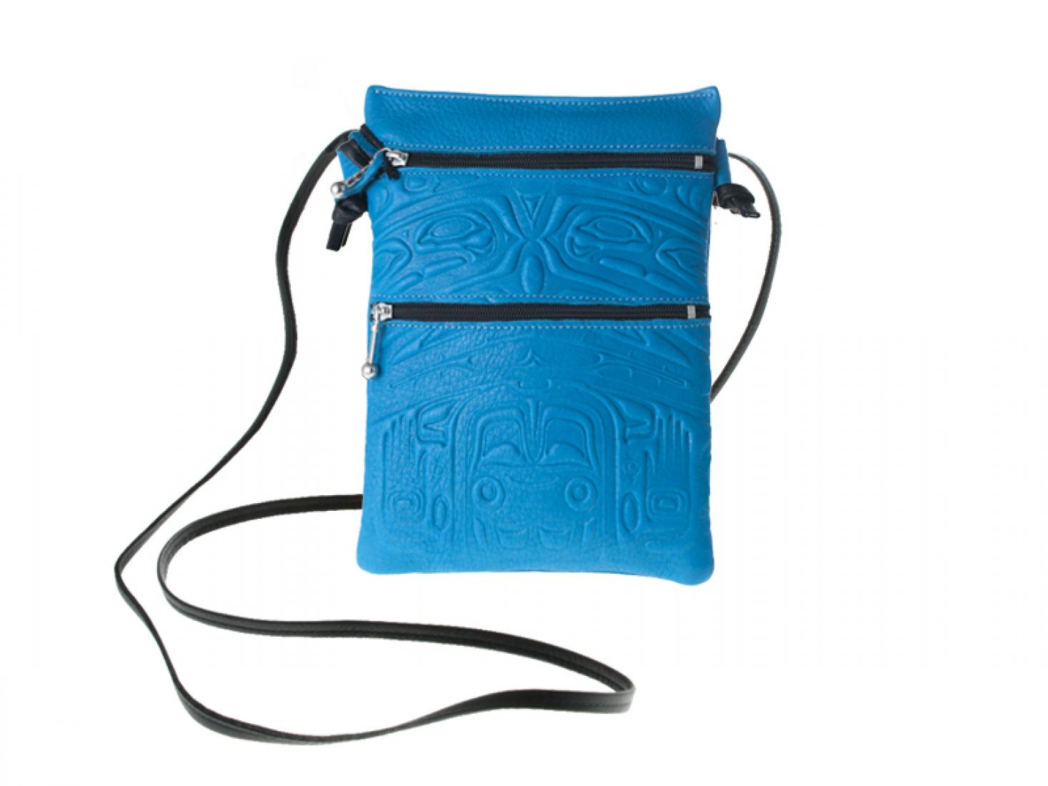 Embossed Leather Passport Pouch with Bear Box Design by Clifton Fred, Turquoise, Deer Skin