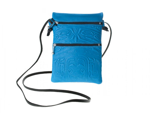 Embossed Leather Passport Pouch with Bear Box Design by Clifton Fred, Turquoise, Deer Skin