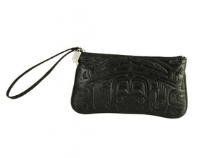 Embossed Leather Wristlet Pouch with Bear Box Design by Clifton Fred, Black
