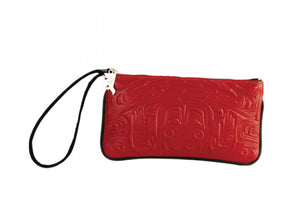Red Deer Skin Embossed Wristlet Pouch with Bear Box Design by Clifton Fred