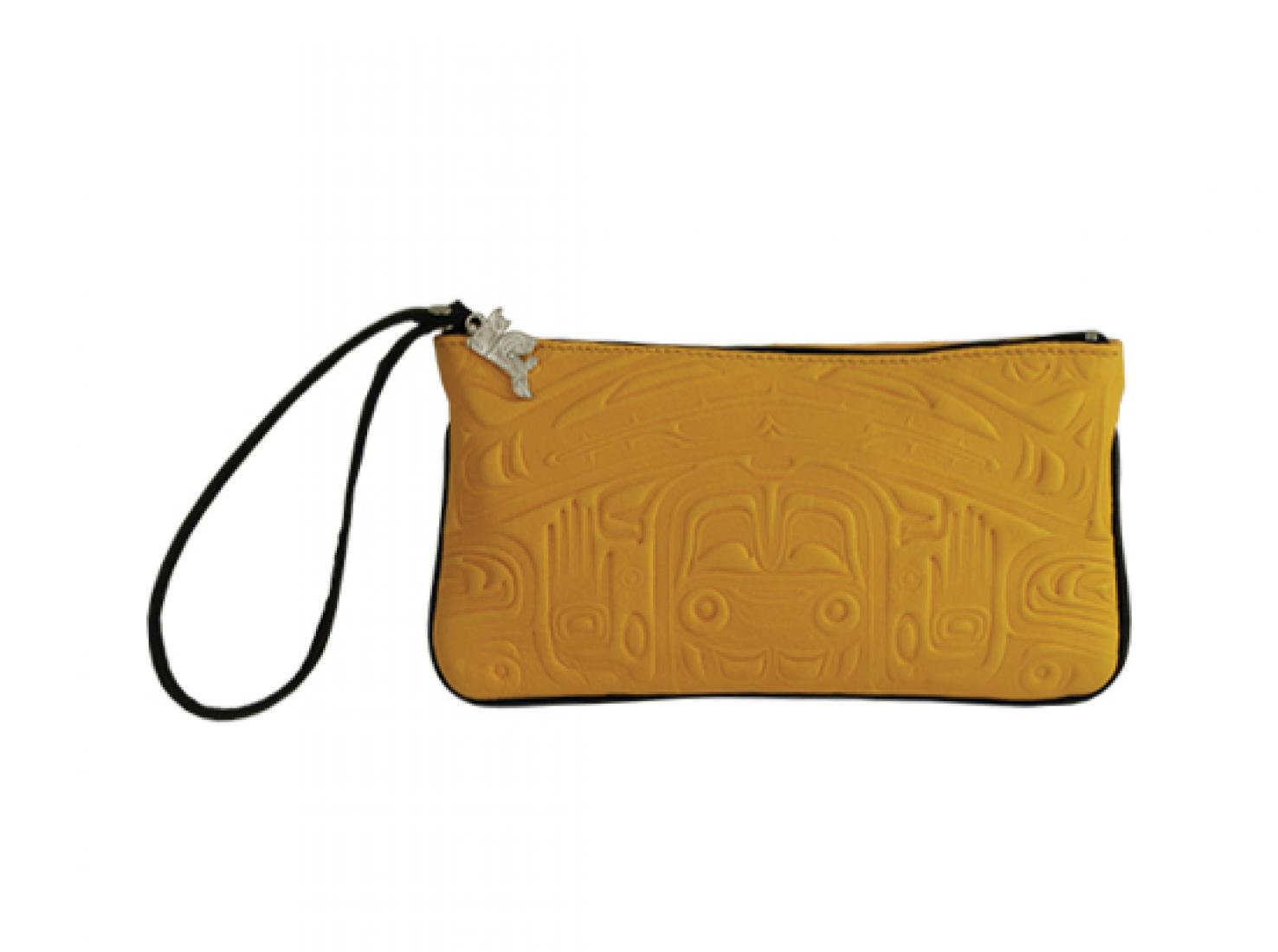 Deer Skin Embossed Wristlet Pouch with Bear Box Design by Clifton Fred, Yellow