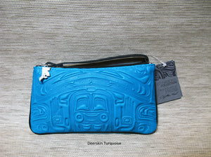 Turquoise Deer Skin Embossed Wristlet Pouch with Bear Box Design by Clifton Fred
