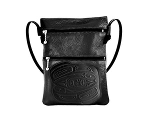 Embossed Leather Passport Pouch with Raven Design by Corrine Hunt, Black, Leather