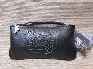 Embossed Leather Wristlet Pouch with Raven Design by Corrine Hunt, Black