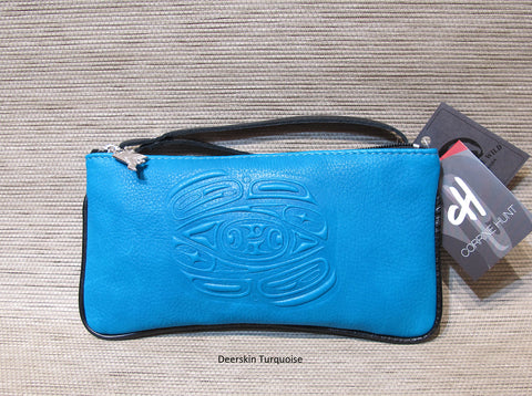 Embossed Leather Wristlet Pouch with Raven Design by Corrine Hunt, Turquoise, Deer Skin