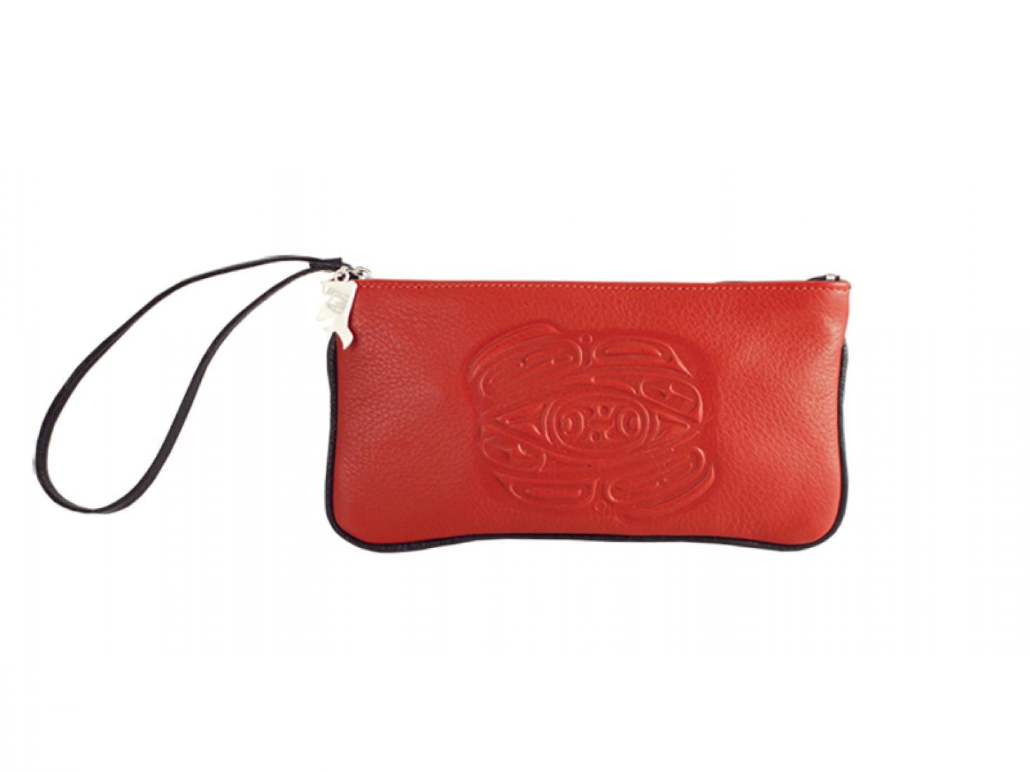 Embossed Leather Clutch Bag with Raven Design by Corrine Hunt, Red Deer Skin