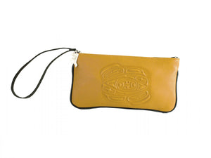 Embossed Leather Wristlet Pouch with Raven Design by Corrine Hunt, Yellow ,Deer Skin