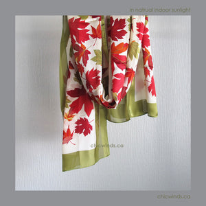 Maple Leaves Silk Scarf ( Green/Red/Cream )