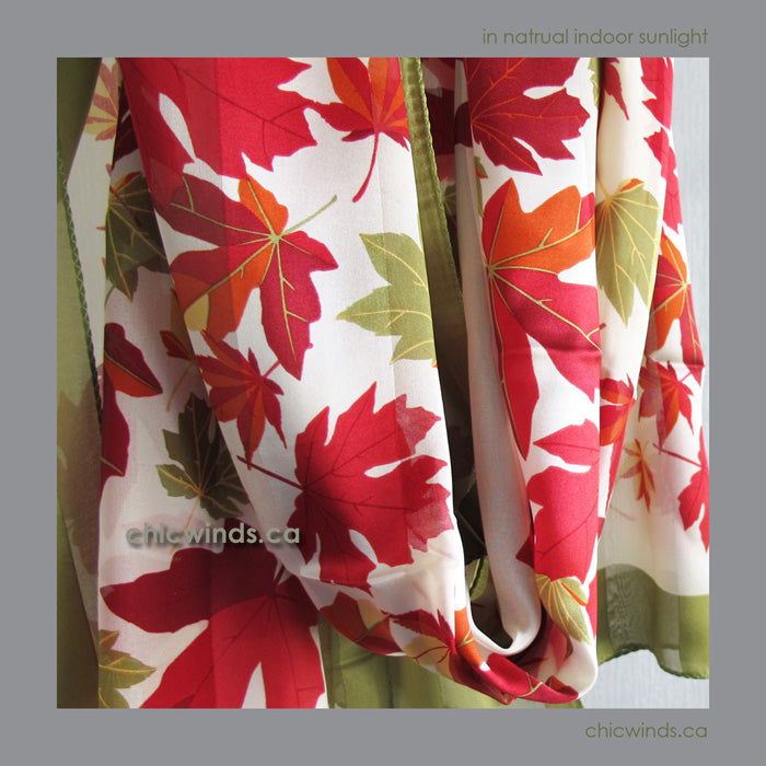 Maple Leaves Silk Scarf ( Green/Red/Cream )