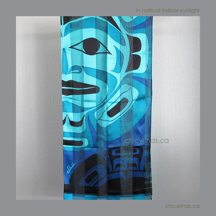 Native Art "Moon Mask" Silk Scarf (Turquoise/Blue)