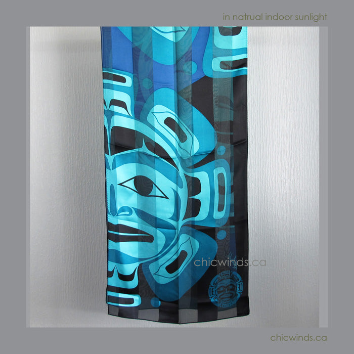 Native Art "Moon Mask" Silk Scarf (Turquoise/Blue)