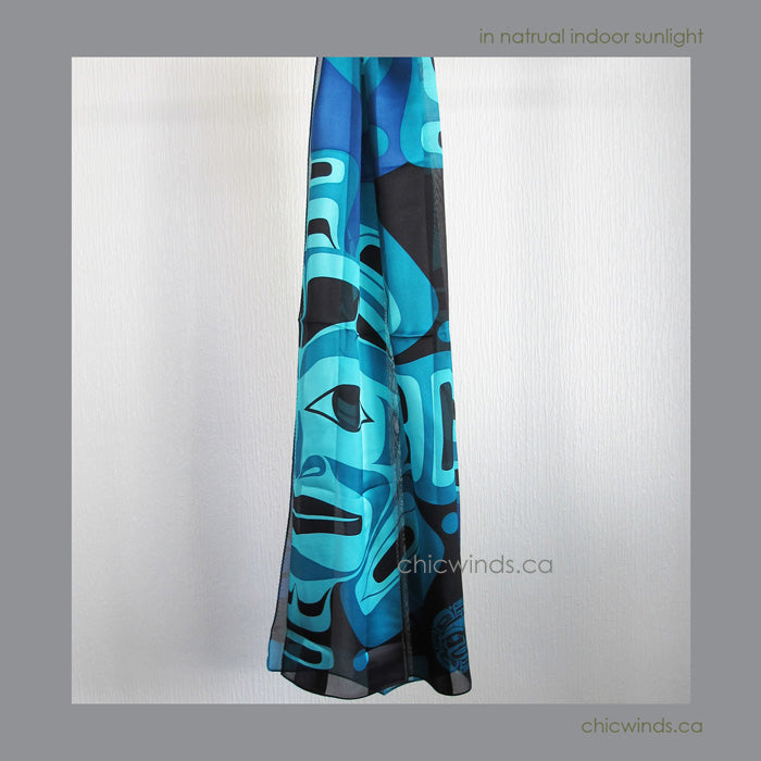 Native Art "Moon Mask" Silk Scarf (Turquoise/Blue)